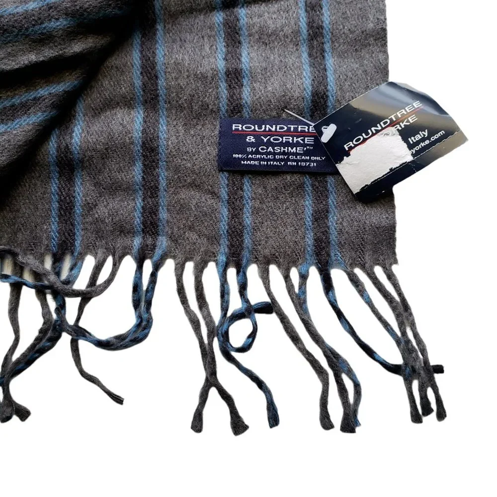 NEW ROUNDTREE & YORKE Grey Striped Italy Made Acrylic Scarf 11.5
